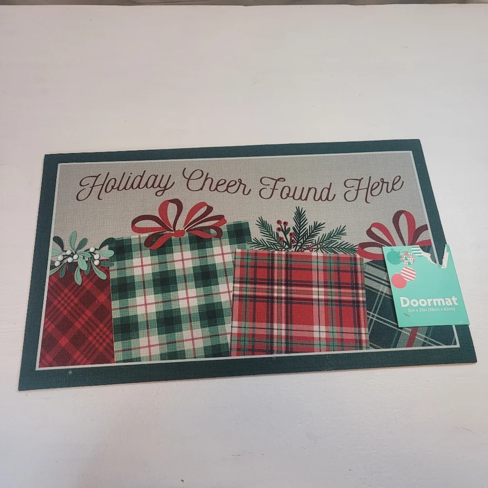 Festive Holiday Doormat with Plaid Gift Design